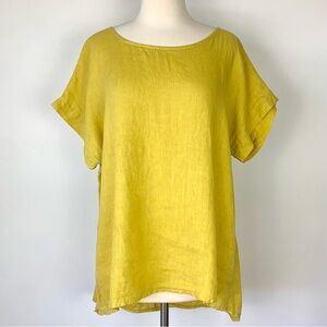 Terzo Millennio 100% Linen Made in Italy Yellow Lagenlook Short Sleeve Tunic Top